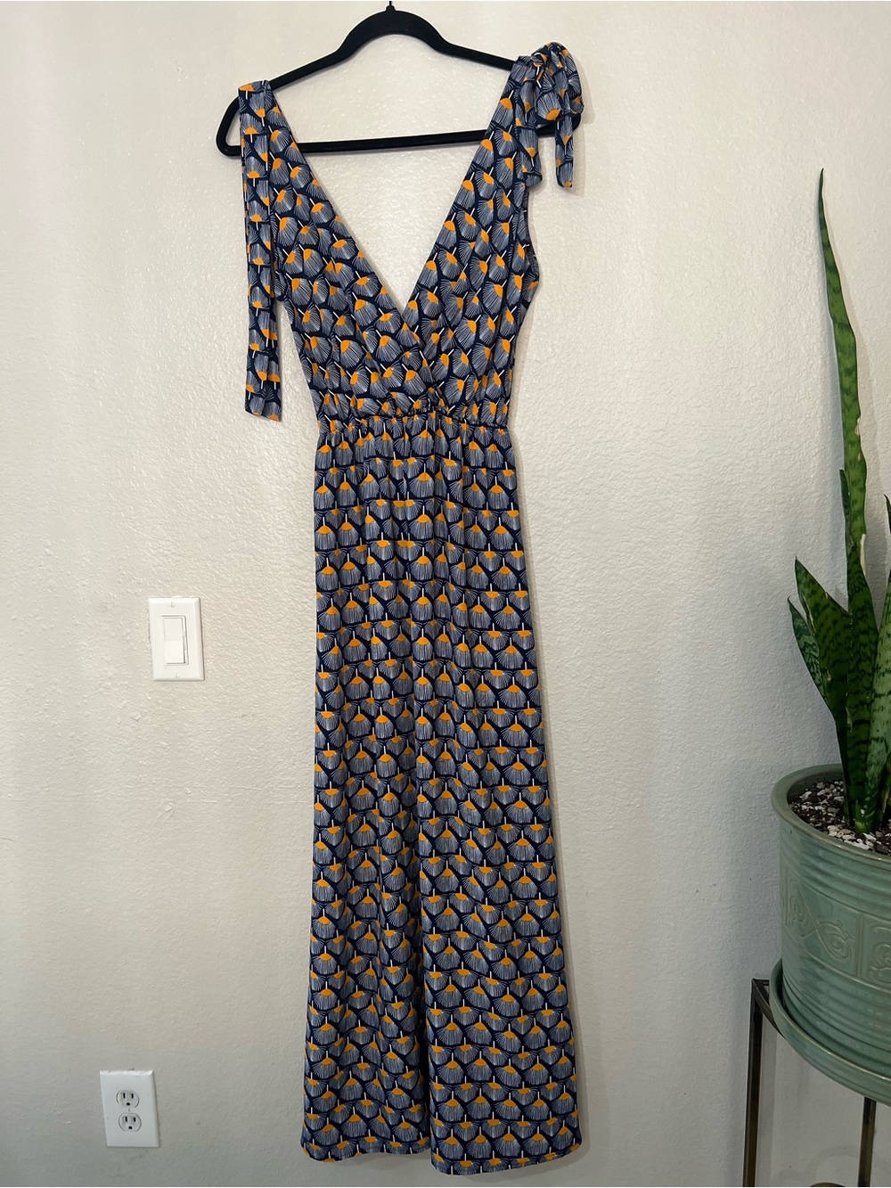 By One Sleeveless V-Neck Maxi Dress in Navy and Mustard Print